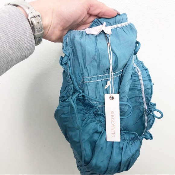 Olivaceous Crop Top Y2K Teal Blue Ruffle Sleeveless - Picture 9 of 13